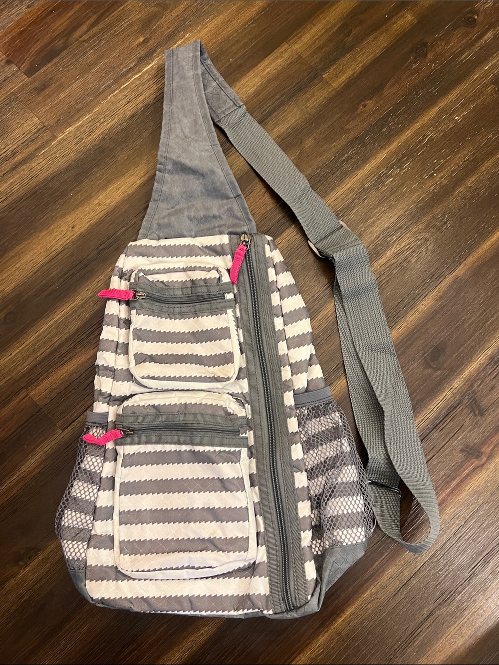 thirty-one Gray and White Striped Crossbody Sling with Pink Accents